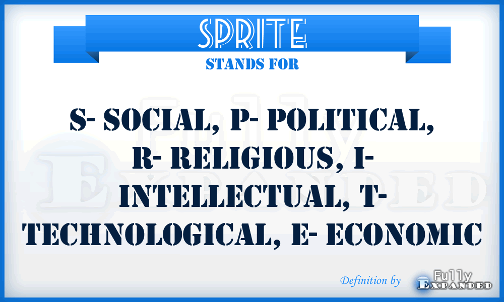SPRITE - S- Social, P- Political, R- Religious, I- Intellectual, T- Technological, E- Economic